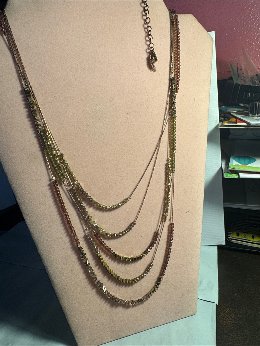 5 Layered Necklace in Rose Gold Chain and Brown & Amber Beads